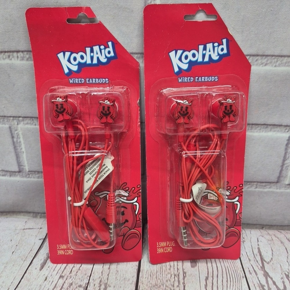Kool-Aid 3.5mm Plug Wired Earbuds~Red Pitcher Man~ Lot Of 2~New In Pack
